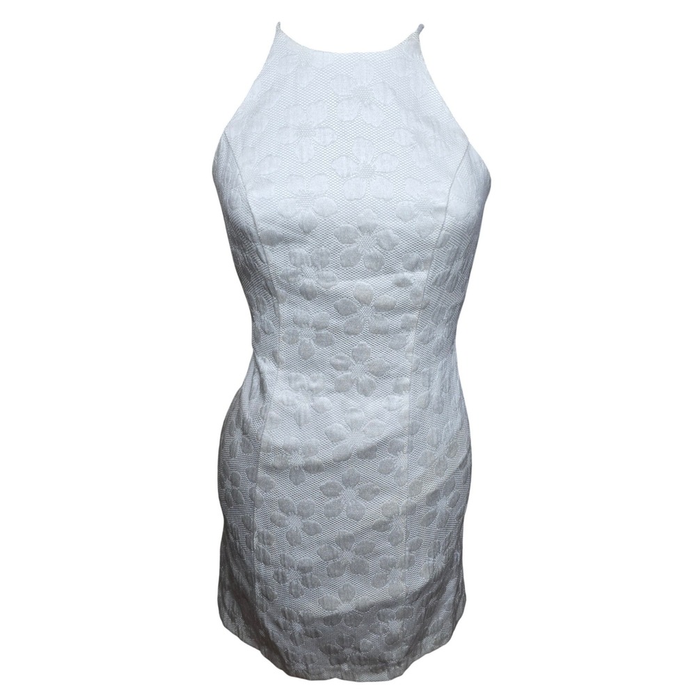 Vintage‎ Explosion White Floral Brocade Halter Mini Dress Open Back Small